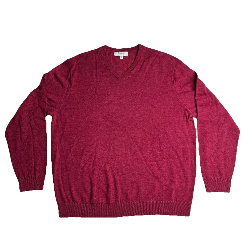 Turnbury Mens Red 100% Extra Fine Merino Wool V-Neck‎ Sweater XL Quiet Luxury